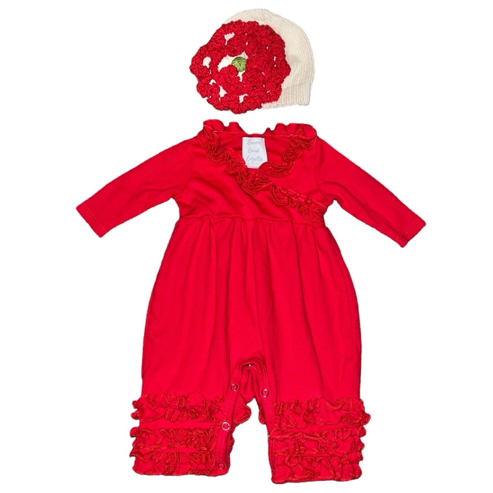 0-3 Lemon Loves Layette Baby Girls Red Ruffle Romper & Crochet Knit Flower Hat